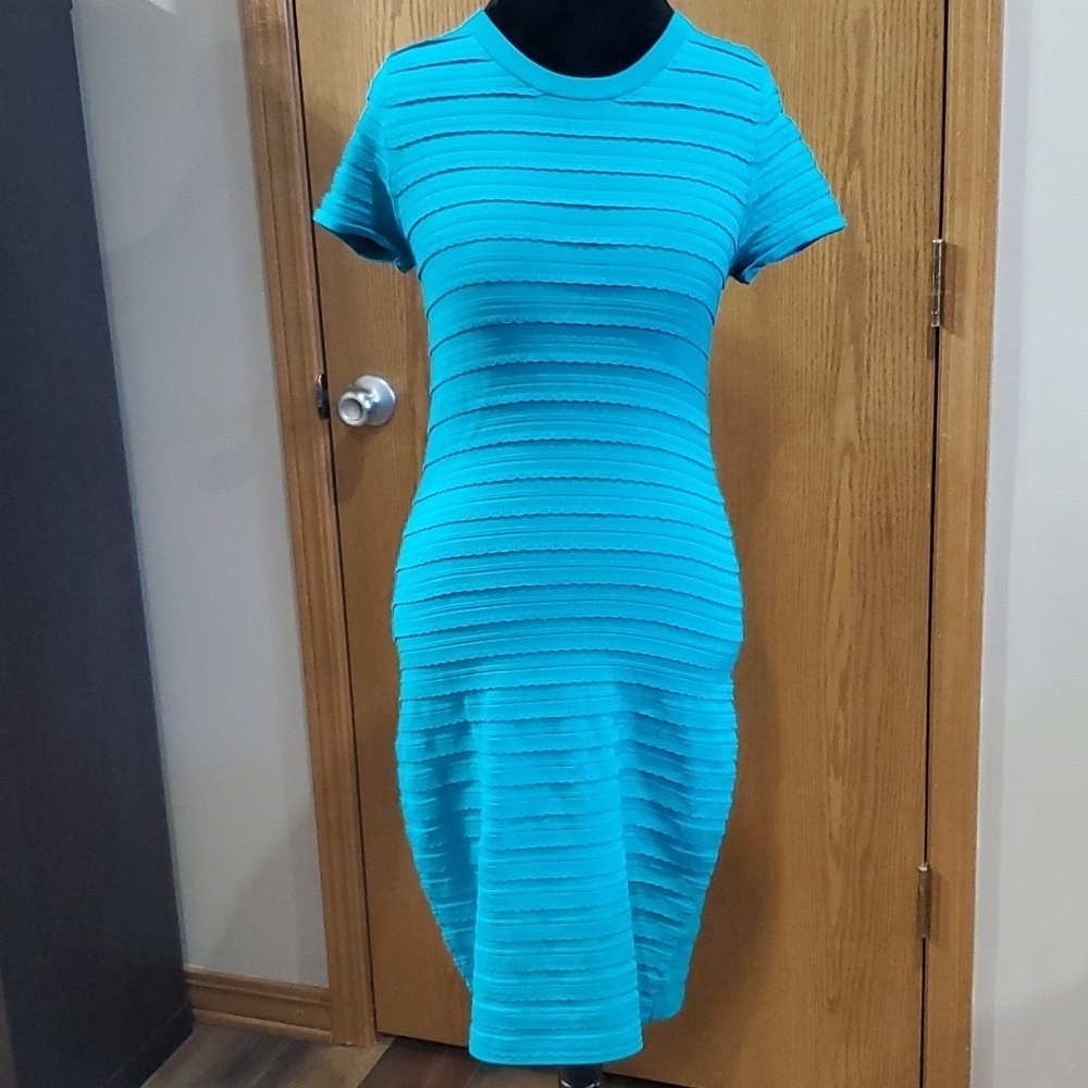 Michael kors turquoise stretch knit dress lace trim short sleeve